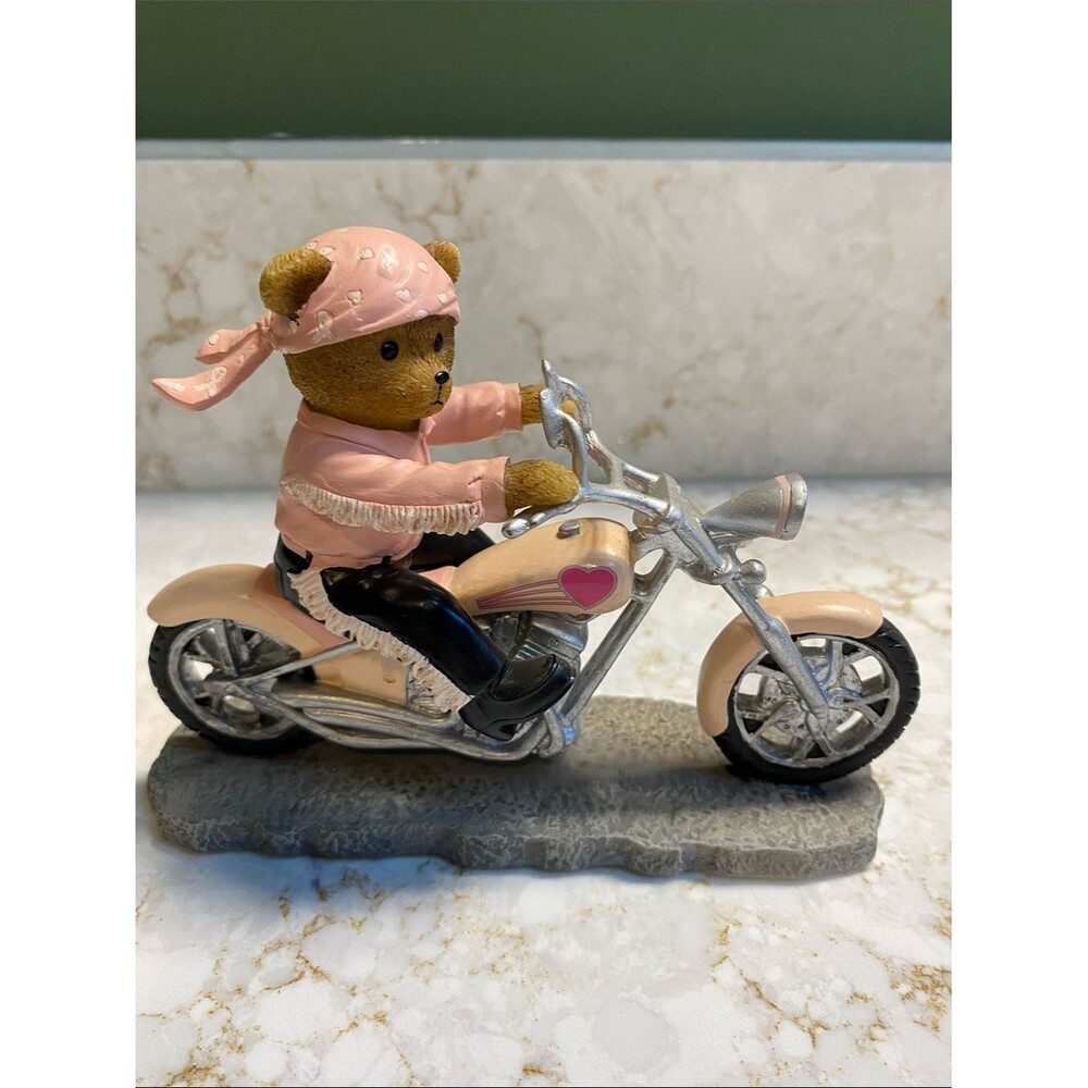 Pink Teddy Bear Biker Figurine on Motorcycle – Cute Collectible Decor